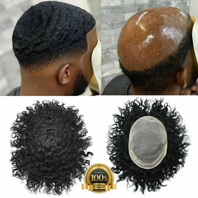 Para Hombres Toupee Afro Rizado Negro Pelo Humano Duradero Mono Encaje Pelucas Sistema AAA-1 Foto 1 de 4