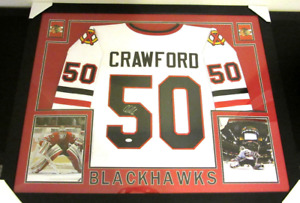 Corey Crawford Signed Blackhawks 35x43 Custom Framed Jersey (JSA COA) 2X Champ