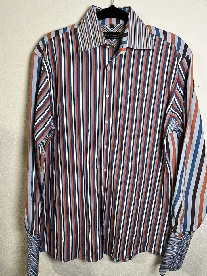 Camisa con botones Ben Sherman para hombre 2 M rayas verticales puño francés audaz Y2K Foto 1 de 4