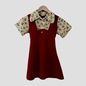Vintage Burgunderrot Blumen wachsendes Mädchen Perma-Prest Kleid GR 10 Pullover SEARS USA - Bild 1 von 9