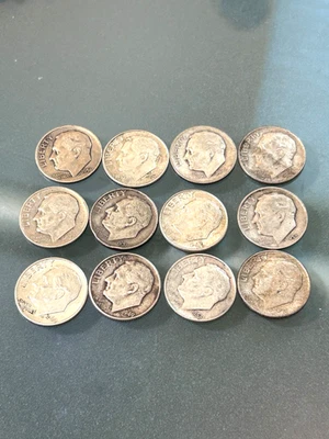 Lot of 12 Roosevelt Dimes 90 Percent Silver $1.20 Dollars Face Value LOOK! 90% - Image 1 of 2