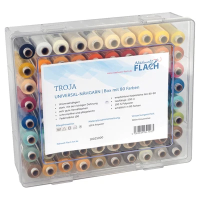 Nähwelt Flach Troja Acryl-Garnbox gefüllt mit 80 Farben/500 m Allesnäher Nähgarn - Bild 1 von 4