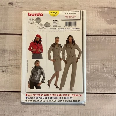 Burda 7751 Sewing Pattern Jacket Coat Slant Zipper Hood Miss Sz 8-18 UNCUT - Image 1 of 3