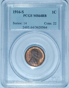 1916 S PCGS MS64RB Red and Brown Lincoln Wheat Cent - Picture 1 of 2