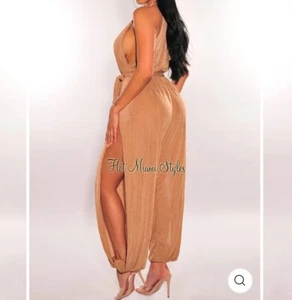 Hot Miami Styles Harem Jumpsuit Size Small NWT Nude Slit Hem One Piece Belt Loop - Picture 1 of 14
