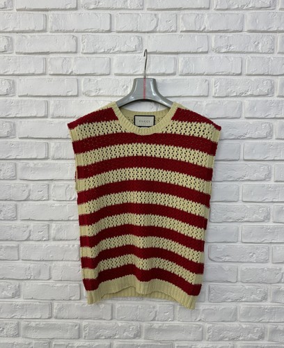 Maglione gilet uomo Gucci pizzo cucito a righe lana beige rosso taglia XS