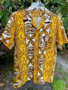 Distressed Vintage Hawaiian Barkcloth Shirt Yellow Brown Tapa MEDIUM - Picture 1 of 14