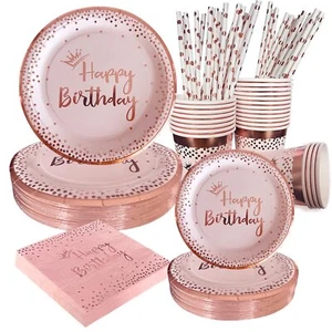 100Pcs Pink Birthday Plates rose gold plates and napkins party supplies for G... - Picture 1 of 9