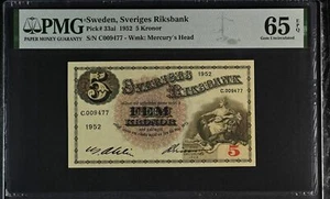 Sweden 5 Kronor 1952 P 33 ai Gem UNC PMG 65 EPQ - Picture 1 of 1