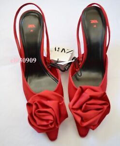 ZARA NEW WOMAN SLINGBACK SHOES WITH FLOWER RED SIZE EUR 38/ US 7.5/ UK 5