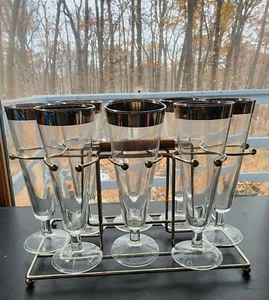 8 Vtg MCM Dorothy Thorpe Silver Rim Style Pilsner Glasses Drinkware With Caddy - Picture 1 of 12