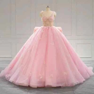 Pink Shiny Princess Quinceanera Dresses Ball Gown With Bow Tull Party Sweet 16 - Picture 1 of 10