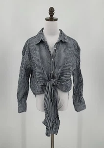 Rosie Assoulin Striped Navy Taffeta Reversible Classic Tie Front Shirt Sz S - Picture 1 of 7