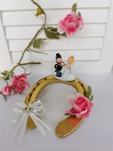 Echt getragenes Hufeisen gold Brautpaar Ringe Rose Deko Hochzeit Geld Geschenk - Bild 1 von 4