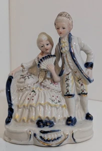 Vintage Antique Handpainted Blue & White Couple Heavy Porcelain Pottery Figurine - Picture 1 of 7