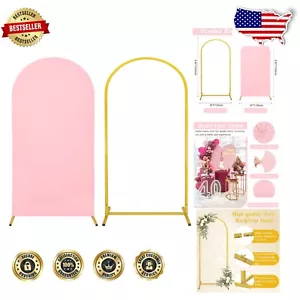 Elegant 6.6FT Metal Arch Stand with Pink Spandex Fitted Backdrop for Events - Picture 1 of 9