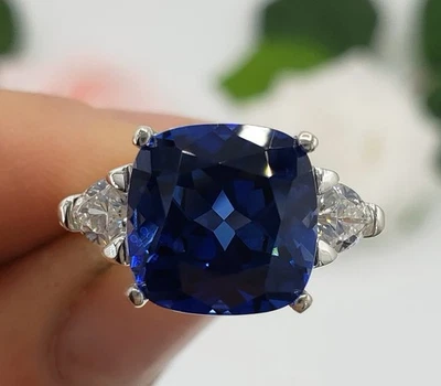 Cushion Real Blue Sapphire 7.50 ct Diamond Ring 14K White Gold Anniversary Ring - Image 1 of 4