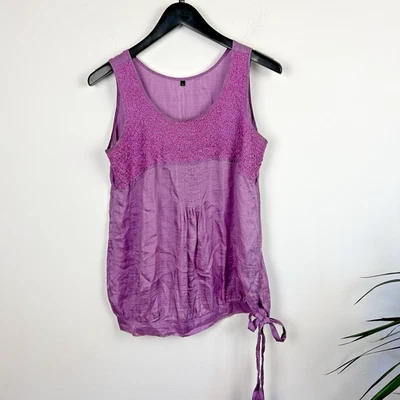 Purple Silk Blouse Size L Embroidered Sleeveless Side Ribbon Tie Lightweightt - Image 1 of 4