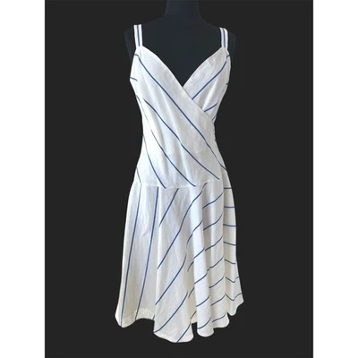 Vestido Ralph Lauren Vintage Mezcla de Lino Blanco Azul Rayas Fluido Solero Talla 8 Foto 1 de 4