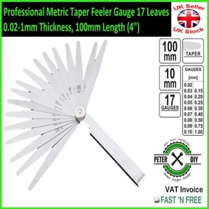 Professional Metric Taper Feeler Gauge, 17 Leaves, 0.02-1mm, 100mm (4") - Picture 1 of 1