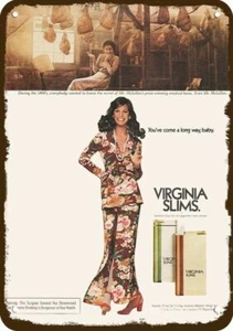 1973 Retro 70er Jahre Frau Rauch VIRGINIA SLIM Zigarette DEKORATIVE REPLIK METALLSCHILD - Bild 1 von 1