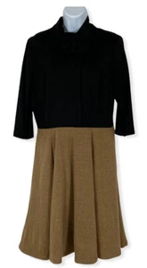 Eshakti Black Brown Dress SZ L 12 Color Block Black Fit & Flare 3/4 Sleeve EUC - Picture 1 of 12