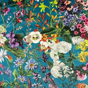 Digital print, soft & durable plush Velvet fabric 290gsm - Summer Floral - Turqu - Picture 1 of 4