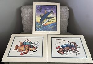 Set Of 3 Fun Art Sea Ocean Fish Shrimp Scuba Prints Matted Signed Rob Chapman IV