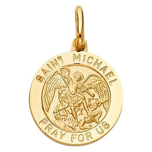 Genuine 14k Yellow Gold 0.70" St. Michael the Archangel Round Medallion Pendant - Picture 1 of 5