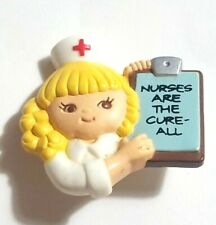 1983 Enesco Nurse Brooch Nurses Are The Cure All Plastic Pin RN Hospital Vintage