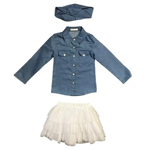 3PC Outfit + Headband Blue Denim Long Sleeve Top White Tulle Skirt Cotton Girls - Picture 1 of 11