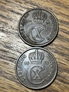 Iceland 5 Aurar 2 Coins, XF & VF. 1926 & 1931, Bronze, Low Mintages, Very nice! - Picture 1 of 9
