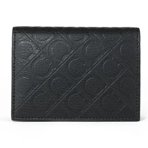 SALE FERRAGAMO Card Case Embossed Gancini Pattern Calfskin Flap Black NEW - Picture 1 of 8
