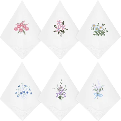 Pañuelos blancos de encaje bordados florales vintage de algodón para damas 6 piezas Foto 1 de 4