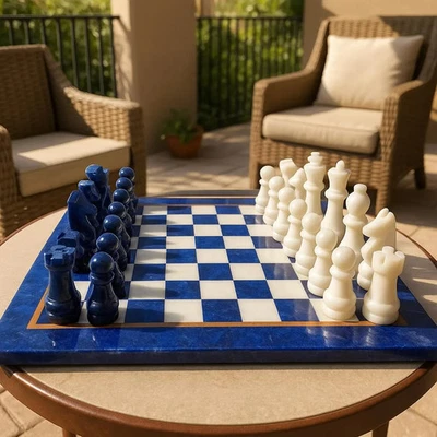 Handmade Lapis Stone Chess Table: Modern Gemstone Inlay - Image 1 of 4
