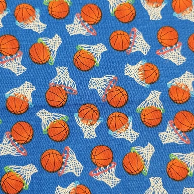 Basketball Fabric 30x44 Hi-Fashion Cotton Sports Balls Hoops Blue Quilting Craft - Image 1 of 4