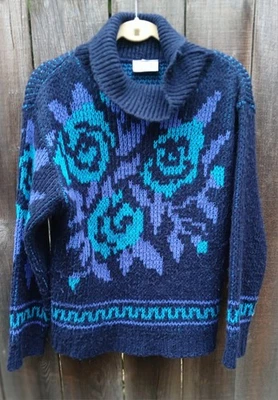 Suéter Vintage Años 80 SIGUIENTE Grueso Tejido Floral Rosas Azul Púrpura Cuello Alto Retro Foto 1 de 4