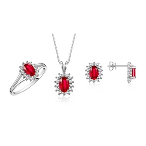 RYLOS  STERLING SILVER RUBY & DIAMOND HALO GEMSTONE MATCHING SET SZ 5-10 - Picture 1 of 6