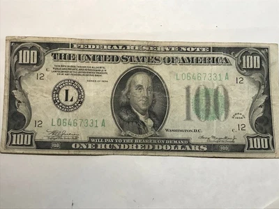 1934 $100 Federal Reserve Note San Francisco, California Green Seal - Image 1 of 3
