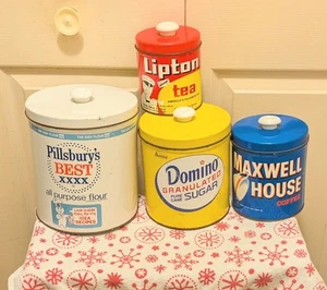 VTG J.L. Clark Metal Tin Canister Set Pillsbury, Domino, Maxwell, Lipton w/lids - Picture 1 of 13