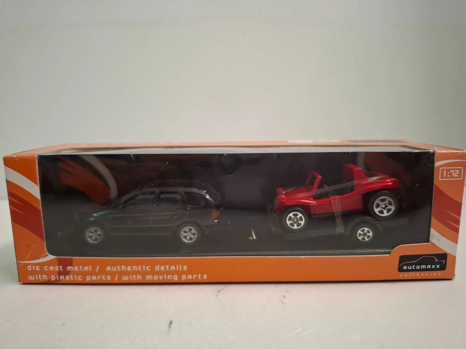 AUTOMAXX COLLECTION 1:72  DIE CAST AUTO  CON TRAILER E AUTO BUGGY NERO 93064 - Immagine 1 di 1