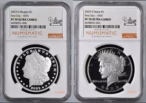 2023 PEACE & MORGAN SILVER DOLLAR NGC PF70 FIRST DAY ANA 2 COINS - Picture 1 of 3