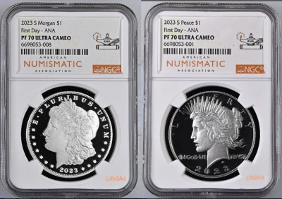 2023 PEACE & MORGAN SILVER DOLLAR NGC PF70 FIRST DAY ANA 2 COINS - Image 1 of 3