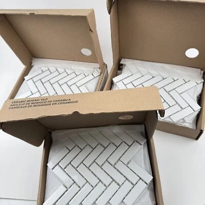 Daltile Color Wheel Mosaic 1" x 3" Herringbone Tile Glossy Arctic White, 3 Cases - Image 1 of 4