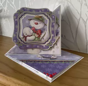 Pupazzo di neve con cavalletto intrecciato fatto a mano 6"x6" carino biglietto di Natale - Foto 1 di 7
