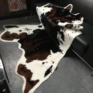 Faux Fur Cowhide Leather Area Rug Throw Tricolor Cow Hide Carpet Mat 3.6'X3.2' - Picture 1 of 10