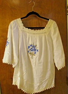 Mamouzakis White Embroidered Floral w/ Ribbon & Lace Greek Peasant Top, Size 2-M - Picture 1 of 10