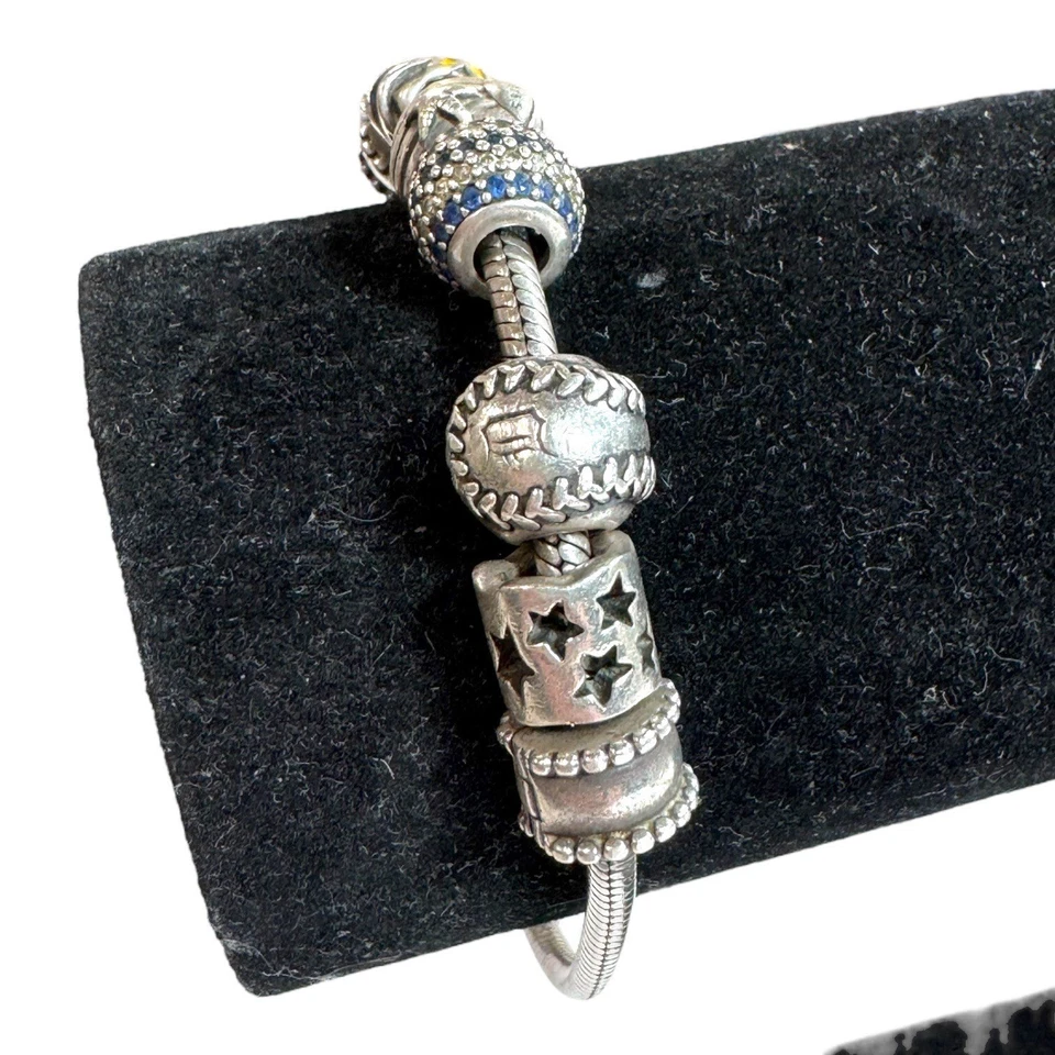 Pandora Silver Charm Bracelet Lot 8 Green Heart & Star Beads Baseball Sunflower - Image 1 of 4