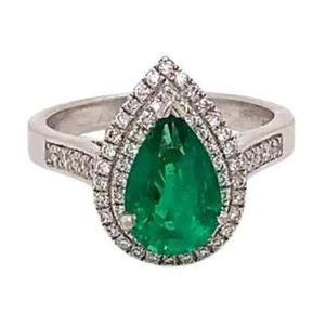 14k White Gold Plated 3.4Ct Pear Lab-Created Emerald Engagement Bridal Halo Ring - Picture 1 of 5