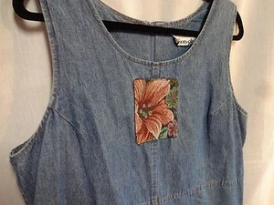 Allison Che Denim Jumper Dress L Large Sleeveless Tapestry Applique Front Modest - Picture 1 of 4